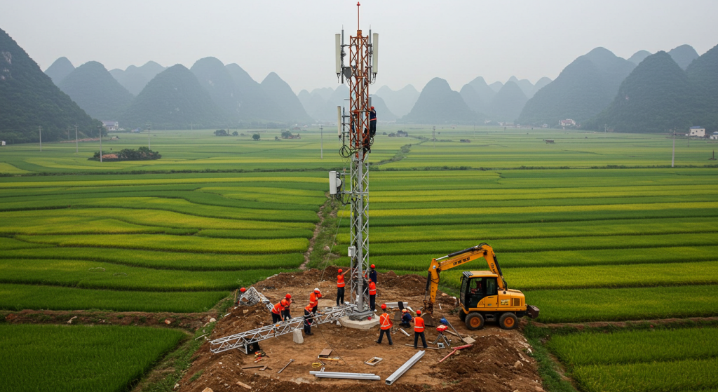 telecom monopole tower installation in china